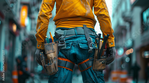 Close-up of Maintenance worker with bag and tools kit wearing on waist