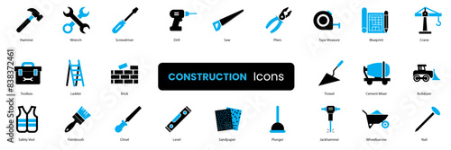 construction icon set. Hammer, Wrench, Screwdriver, Drill, Saw, Pliers, Tape Measure, Blueprint, and more. dual tone soldi icon