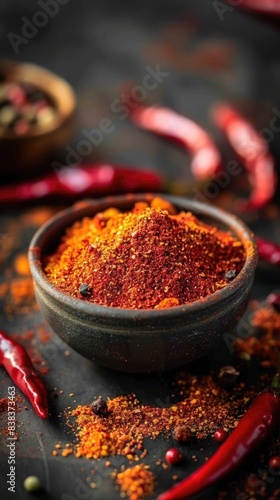 Bowl of spices on a table, cayenne hot spices 
