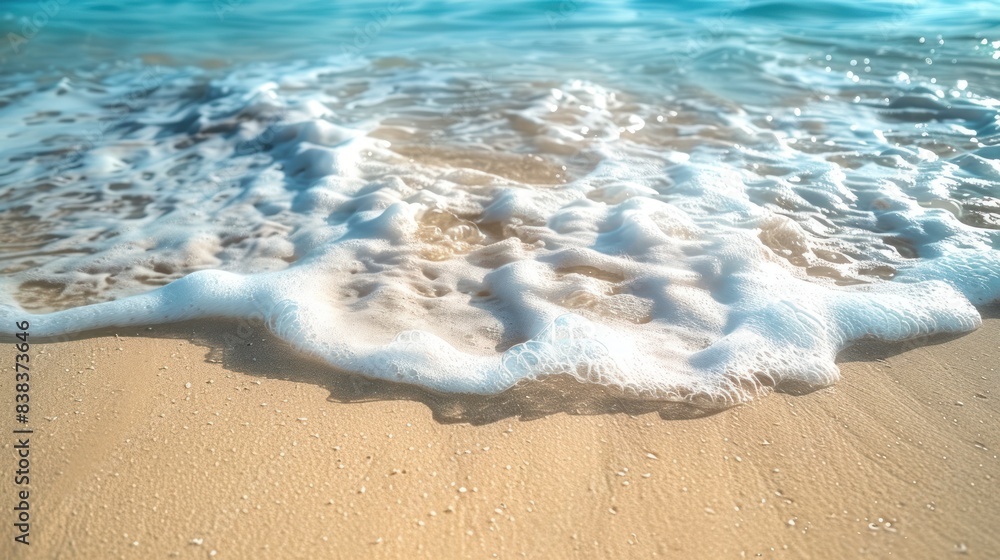 A close up of a sandy beach with waves crashing onto the shore A close up of a sandy beach with waves crashing onto the shore
