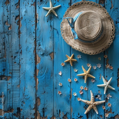 Summer background with blue wooden texture  starfish and sun hat on wooden table  background concept in summer with empty space in the middle for advertising products