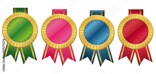 Colorful Award Medals with Gold Trim - Green, Pink, Blue, Red. Vector award medal set. Green medal. Pink medal. Blue medal. Red medal. Transparent background.  Award concept. Template illustration
