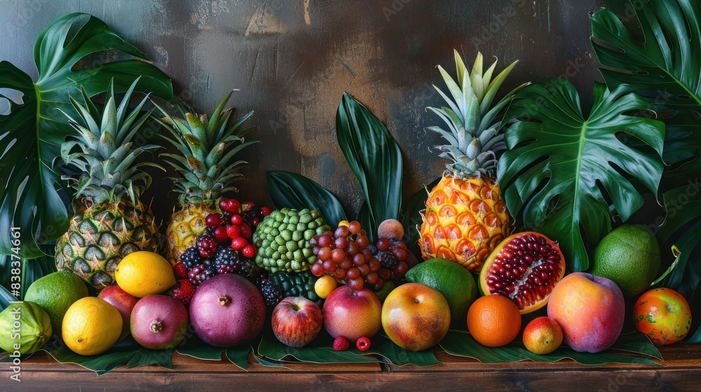 A diverse selection of tropical fruits and leaves displayed A diverse selection of tropical fruits and leaves displayed
