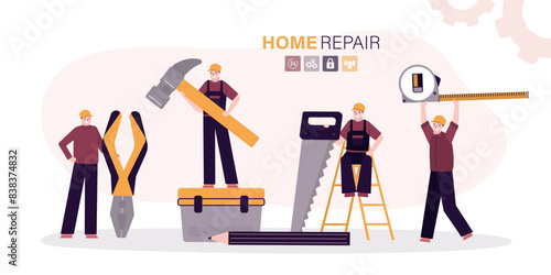 Home repair, set of various repairmen with toolkit. Builders and building hand tools for repair. Four worker man, repair service.