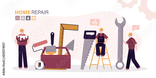 Home repair, set of various repairmen with toolkit. Builders and building hand tools for repair. Three worker man, repair service.