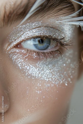 closeup shot of woman eye iris and creative silver makeup with dye and paint, macro of cosmetics makeup, beauty and fashion