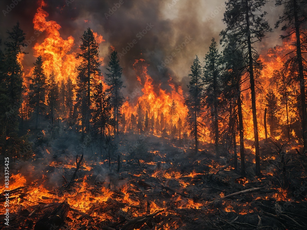 Forest fire inferno or wildfire, dramatic and harrowing scene of a wildfire tearing through a dense forest, consuming trees and leaving a charred landscape in its wake. Forest fire inferno or wildfire, dramatic and harrowing scene of a wildfire tearing through a dense forest, consuming trees and leaving a charred landscape in its wake.