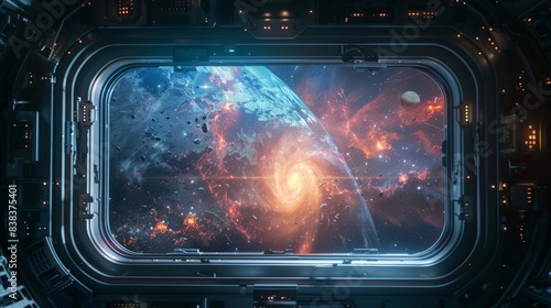 Space station interior from the future including a wide window offering a clear view of the Earth and galaxy.