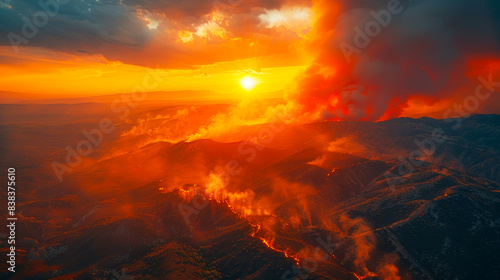 Smoke from wildfires engulfing the sky. Thick smoke from wildfires fills the sky, obscuring the sun and creating a dramatic, apocalyptic scene, highlighting environmental and climatic challenges.