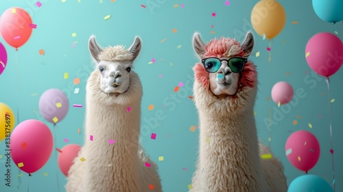 This festive image features two llamas at a summer party with balloons and confetti, with one llama's face blurred, evoking the spirit of a fun vacation