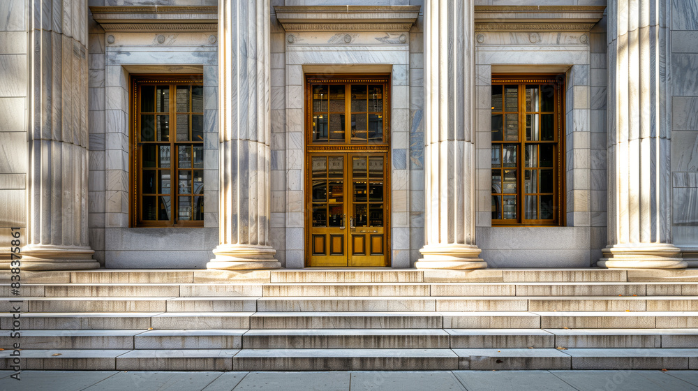Federal Reserve Bank Exterior with Columns. Exterior of Federal Reserve Bank featuring grand columns and a classic architectural design. Entrance is framed by large windows and symmetrical stone steps Federal Reserve Bank Exterior with Columns. Exterior of Federal Reserve Bank featuring grand columns and a classic architectural design. Entrance is framed by large windows and symmetrical stone steps