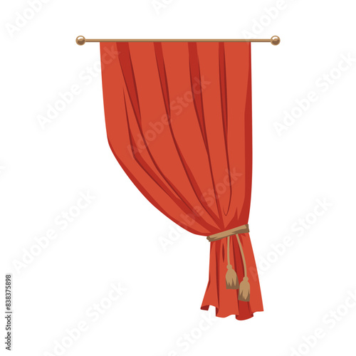 Red draperies curtain on the cornice tied on the side of golden tassel, vector house or theatre interior textile decor