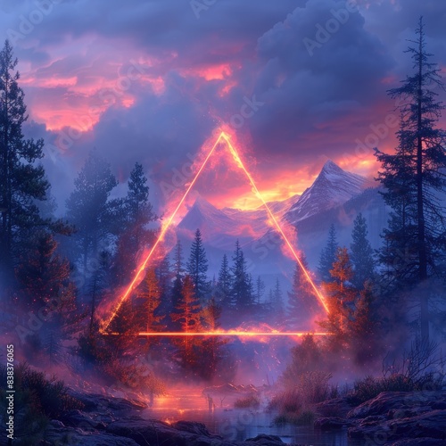Smoky colorful triangular neon lights illuminate the forest, creating an atmosphere of mystery and wonder, adding to the futuristic look. symbolizes or new adventures in the future