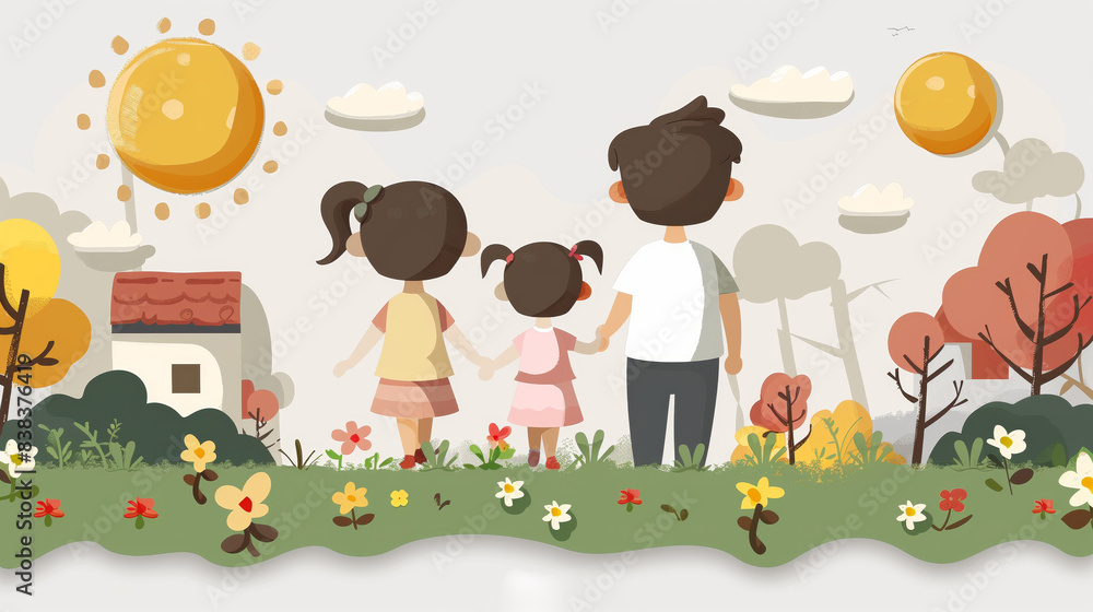 Obraz premium An illustration featuring three family members standing together and admiring a serene landscape with whimsical elements