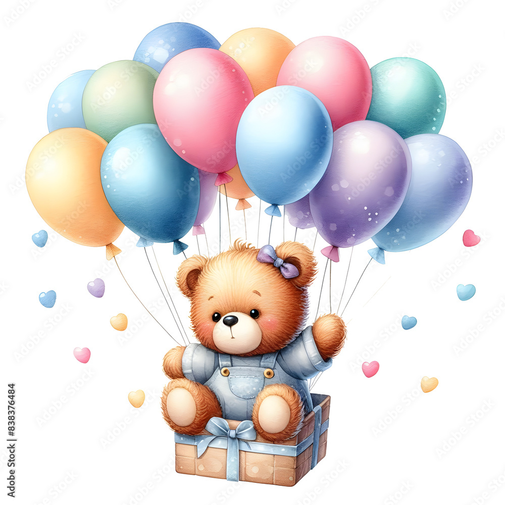 Isolated image of a teddy bear holding a balloon and floating on a gift box. Separate transparent background components Isolated image of a teddy bear holding a balloon and floating on a gift box. Separate transparent background components