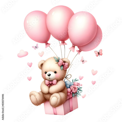 Isolated image of a teddy bear holding a balloon and floating on a gift box. Separate transparent background components