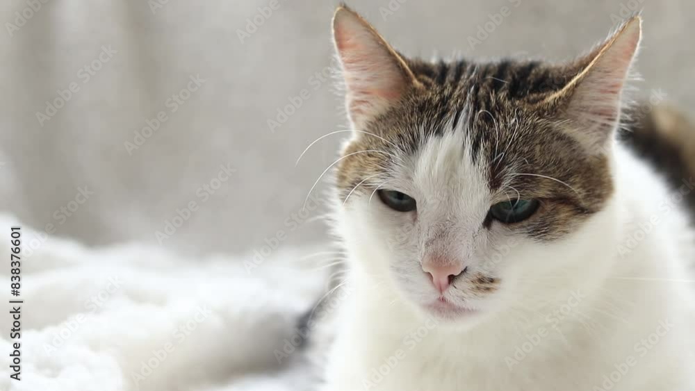 Domestic cat on a white blanket. Pets concept, cute domestic cats. Shorthair cat resting at home. Close-up of a cat's muzzle Domestic cat on a white blanket. Pets concept, cute domestic cats. Shorthair cat resting at home. Close-up of a cat's muzzle