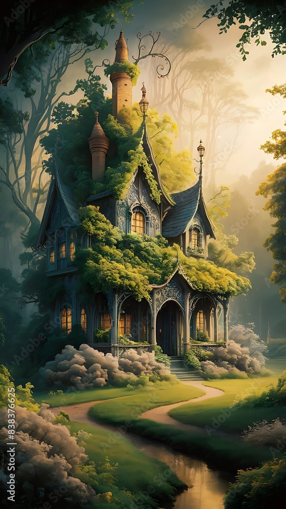 Obraz premium chinese temple in the night, fairy tale castle in forest, old house in the forest, an old castle in the jungle, trees house