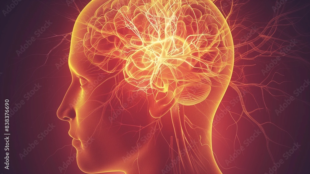 Obraz premium Illustration of neuron activity in human head with glowing connections