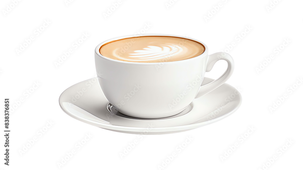 Obraz premium A close-up shot of a white cup of cappuccino with latte art on a white saucer. Isolated on a white background.
