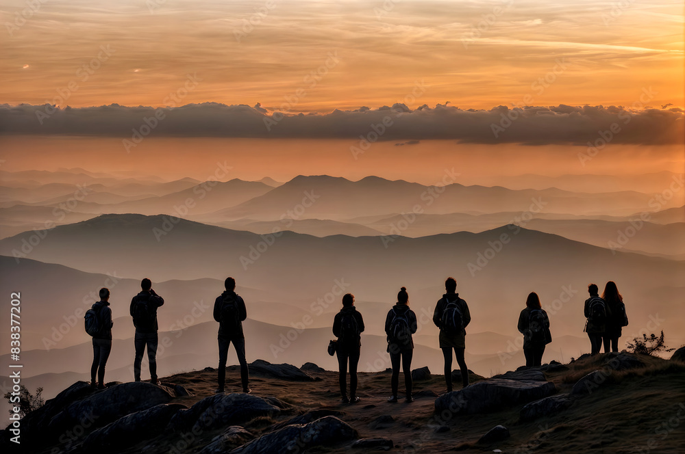 silhouette of several friends watching the sunset over the landscape silhouette of several friends watching the sunset over the landscape