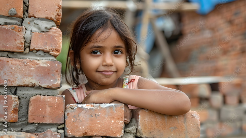 Young Girl Resting on Brick Pile Construction Young Girl Resting on Brick Pile Construction