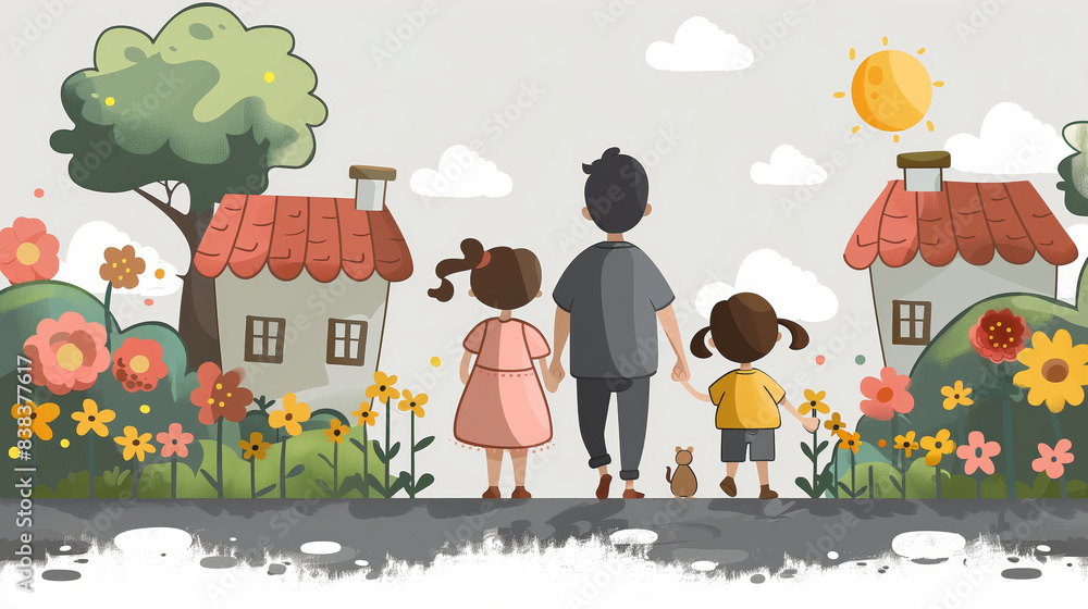 A father and two children hold hands in front of their cosy home against the backdrop of serene nature. A father and two children hold hands in front of their cosy home against the backdrop of serene nature.