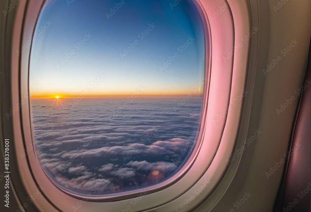 Sunset sky view from plane window in economy class Sunset sky view from plane window in economy class
