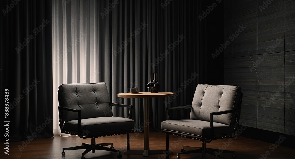 Two chairs and microphones in podcast or interview room isolated on dark background Generative Ai Two chairs and microphones in podcast or interview room isolated on dark background Generative Ai