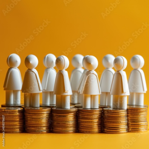 Handcrafted miniature white paper figures standing around a pile of coins. symbolizes collaboration and group financial support, investment concepts, insurance, and leadership