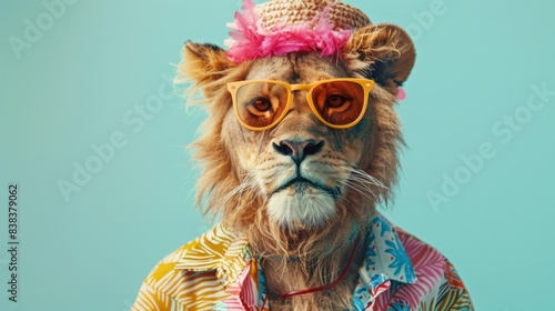 The image features a lion dressed in vacation attire; though the face is blurred, the concept of a beautiful, whimsical summer vibe is evident