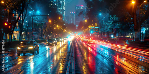 City street light trails after the rain Generated by AI