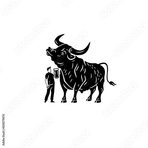 A Bull and a Man with Beer Vector, Bull and Man Illustration with Beers