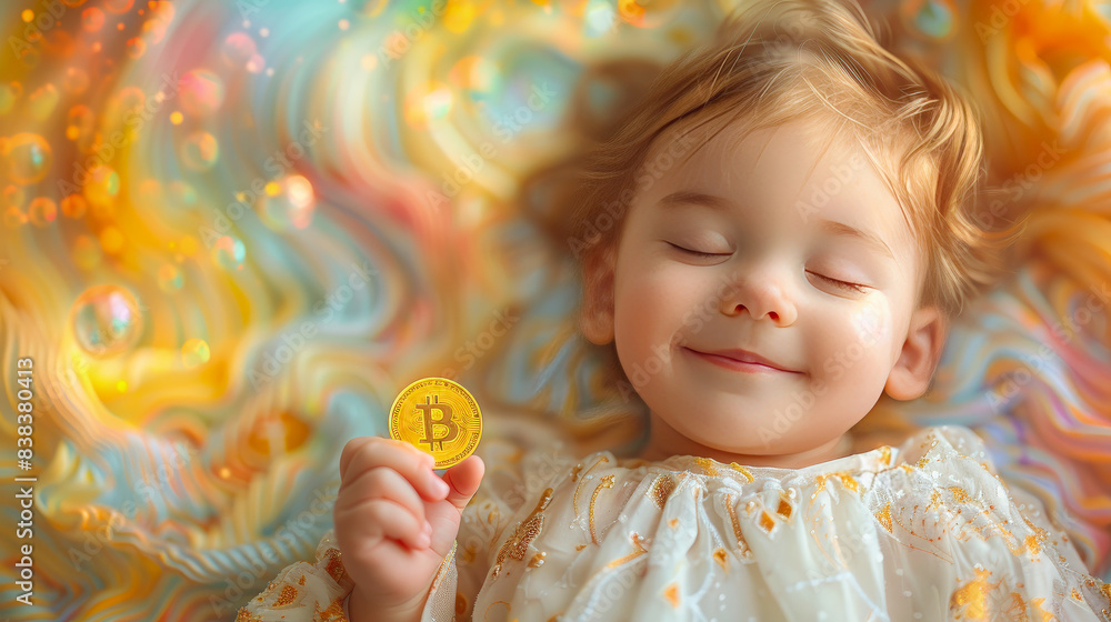 Smiling Newborn Baby Holding a Golden Bitcoin Coin in a Magical Ethereal Surrounding Ai Generated Smiling Newborn Baby Holding a Golden Bitcoin Coin in a Magical Ethereal Surrounding Ai Generated