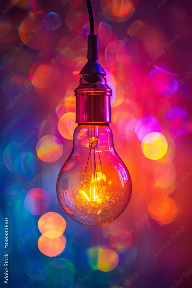 Light bulb glows brightly against dark background. Colorful lamp, close up Light bulb glows brightly against dark background. Colorful lamp, close up