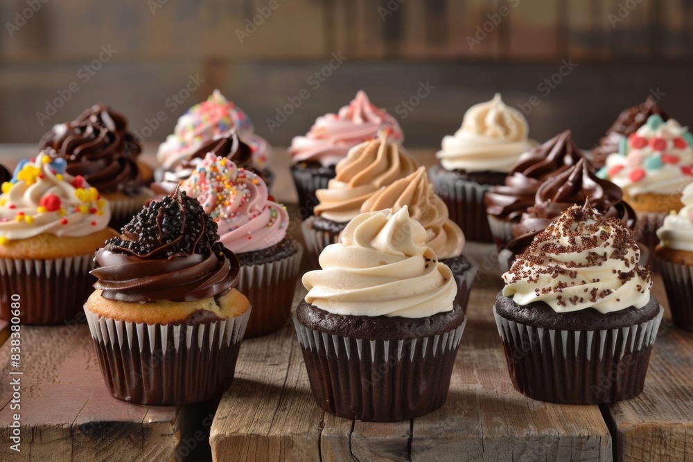 Vanilla And Chocolate Cupcakes On a Wooden Table, Frostings With Sprinkles, Closeup, Confectionery Advertising Concept Vanilla And Chocolate Cupcakes On a Wooden Table, Frostings With Sprinkles, Closeup, Confectionery Advertising Concept