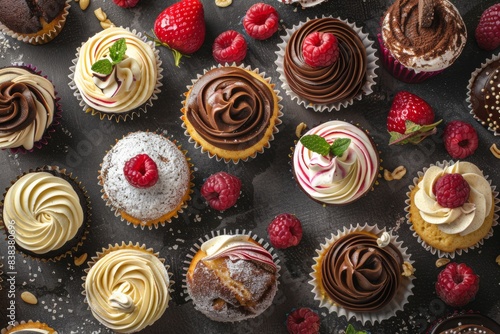 Cupcakes Spread Across A Dark Marble Table,  Cupcakes With Different Frostings, Strawberries And Raspberries On The Side, Top View, Confectionery Advertise
