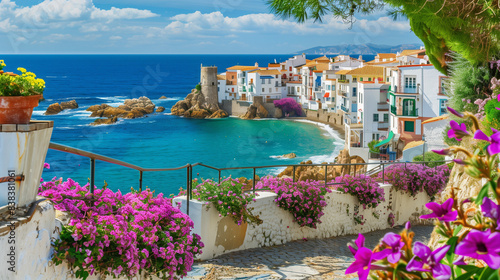  Seaside town in Spain with flowers  fences and ocean in the background 