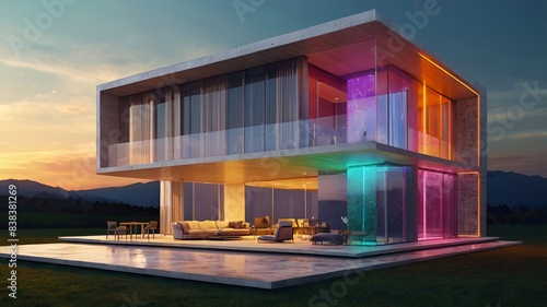 Granater AI Modern house with colorful lights glowing against the sunset sky  creating a vibrant and inviting atmosphere.