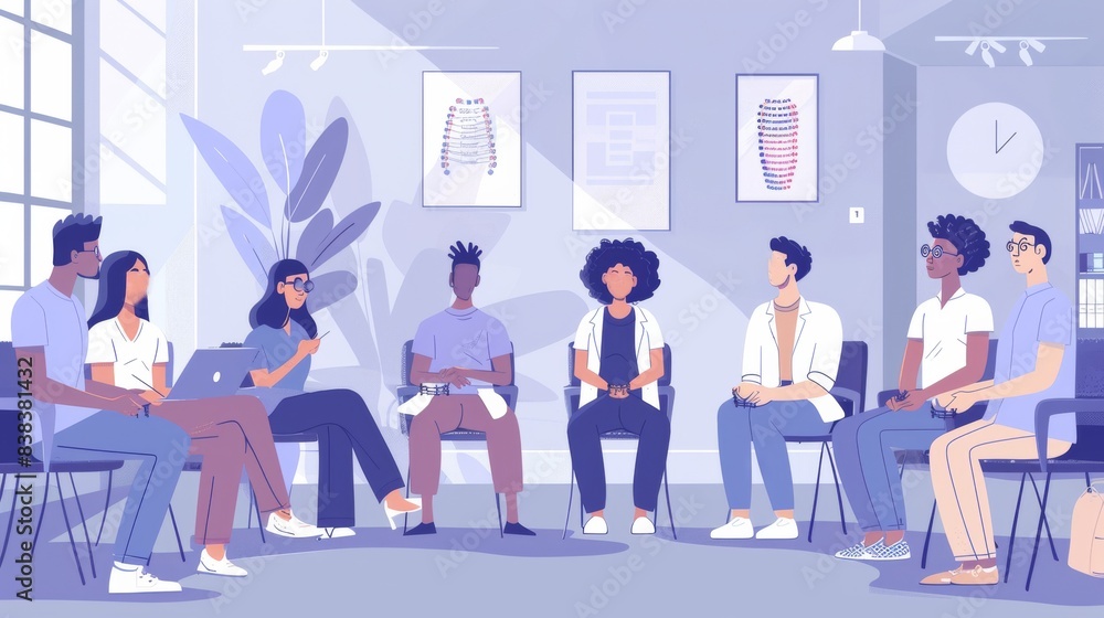 Patients sitting in chairs in waiting room of medical clinic, dental office, mental health and wellness at the office with a flat vector illustration style, health care, medicine, patient care Patients sitting in chairs in waiting room of medical clinic, dental office, mental health and wellness at the office with a flat vector illustration style, health care, medicine, patient care