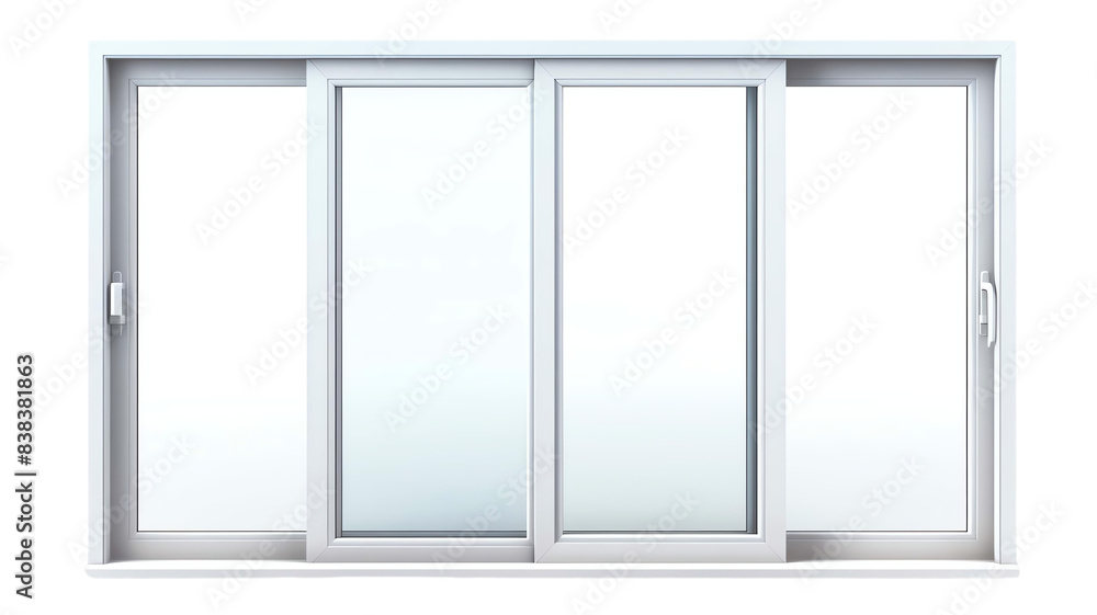 Modern white sliding glass window with four panels. Clean, clear, and ideal for contemporary home or office interior design. Modern white sliding glass window with four panels. Clean, clear, and ideal for contemporary home or office interior design.