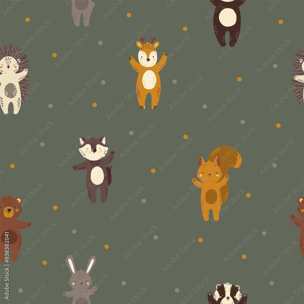 Seamless pattern. Vector illustration with forest animals. Raccoon. Baby animals. Large set for clipart. Set of animals in cartoon style on a white background.