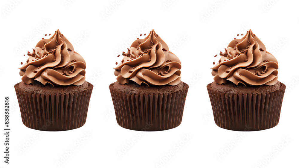 Three chocolate cupcakes with rich chocolate frosting beautifully arranged in a row on a white background. Three chocolate cupcakes with rich chocolate frosting beautifully arranged in a row on a white background.
