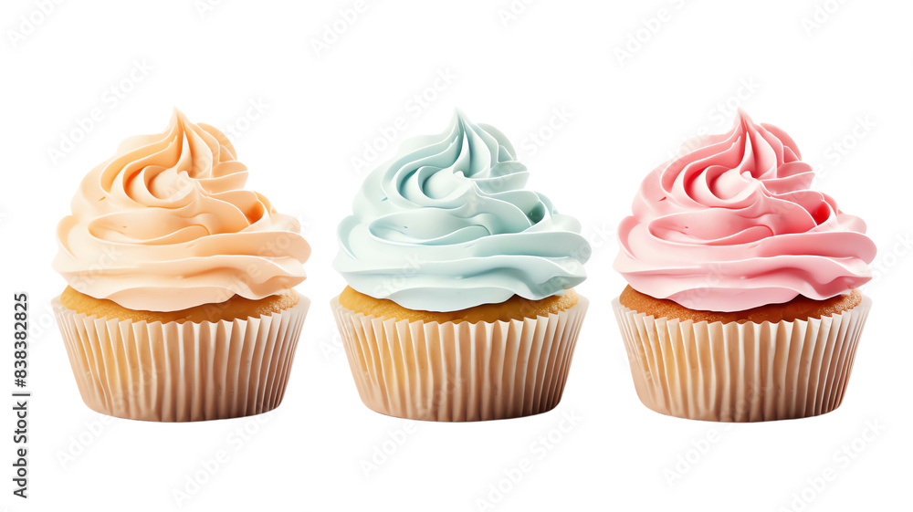 Three delicious cupcakes with pastel frosting in peach, blue, and pink, isolated on a white background. Perfect for bakery or dessert-themed use. Three delicious cupcakes with pastel frosting in peach, blue, and pink, isolated on a white background. Perfect for bakery or dessert-themed use.
