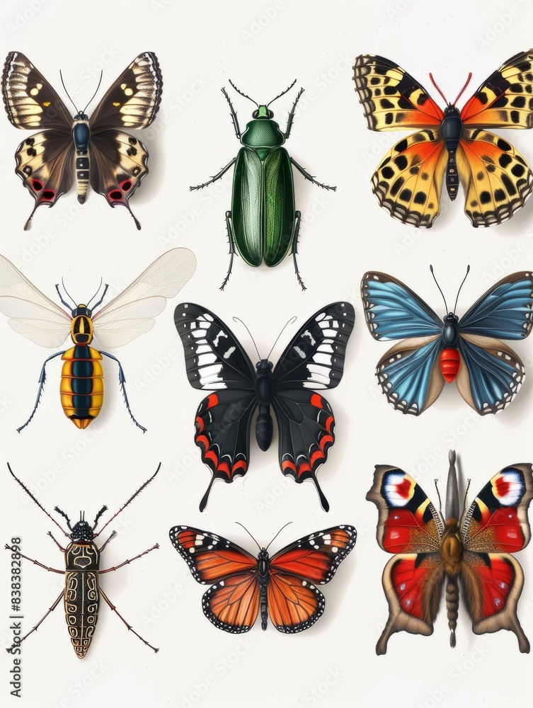 Naklejka premium Collection of insects on white background hyper realistic 