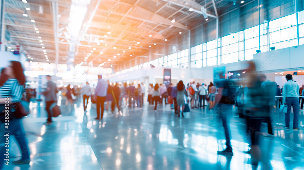 Expo hall with activity and attendees, business conference blurred background Expo hall with activity and attendees, business conference blurred background