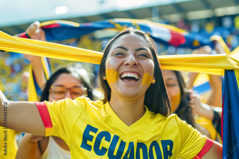 Ecuadorian football soccer fans in a stadium supporting the national team, Los Tricolores
Ecuadorian football soccer fans in a stadium supporting the national team, Los Tricolores