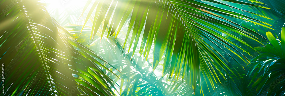 Obraz premium Blurred banner background with sunny day and palm leave