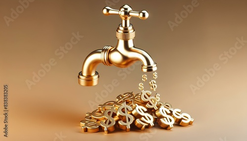A golden faucet with a stream of golden dollar signs flowing out of it, Wealth, financial abundance, success, money flow, income, cash flow, investment.