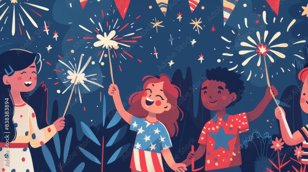 Vector illustration of children holding sparklers on a background with ...